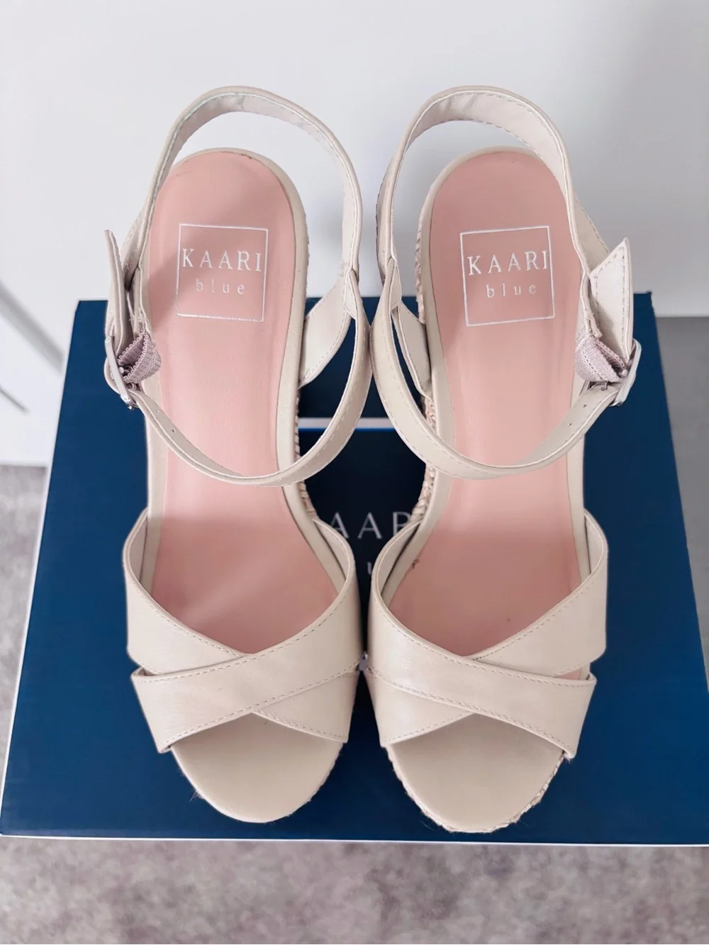 Kaari Blue Beige Woven Platform Sandals with Ankle Strap